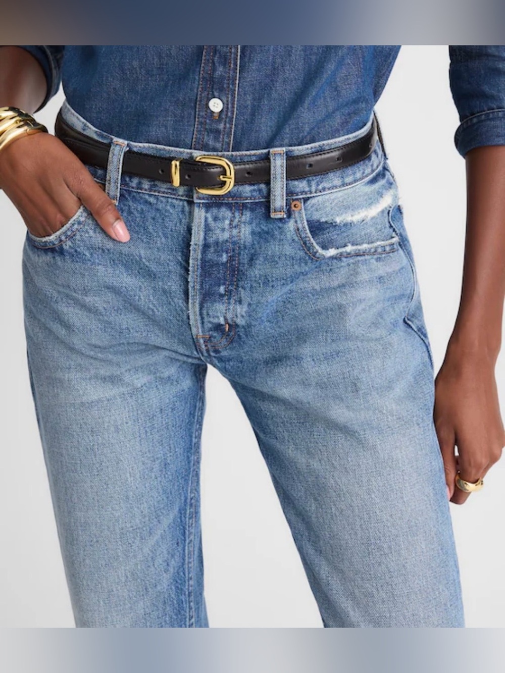 NEW Madewell Skinny Leather Belt with shiny Gold Buckle True Black NW407 Medium